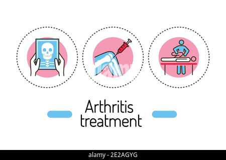 Description du traitement de l'arthrite concept. Icônes de couleur de ligne d'aide médicale. Pictogrammes pour la page Web, l'application mobile, la promotion. Illustration de Vecteur