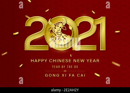 Golden 2021 année de l'affiche du boeuf avec heureux Chinois Nouvelle année GONG XI FA CAI texte sur rouge oriental arrière-plan du motif d'onde Illustration de Vecteur