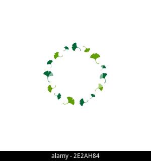 Couronne ronde verte provenant de feuilles de ginkgo biloba isolées sur fond blanc. Guirlande circulaire fleurie pour cartes de vœux. Illustration vectorielle. Illustration de Vecteur