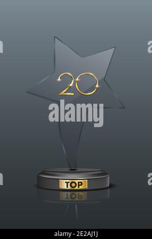 Trophée des 20 meilleurs prix. Prix en forme d'étoile avec le numéro d'or vingt. Champion Glory in Competition Vector illustration. La renommée d'Hollywood dans le cinéma et le cinéma o Illustration de Vecteur