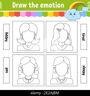 Dessinez l'émotion. Fiche de travail remplir le visage. Livre de coloriage pour enfants. Caractère joyeux. Illustration vectorielle. Silhouette de contour noire. Isolé sur Illustration de Vecteur