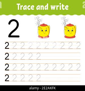 Numéro 2. Tracer et écrire. Pratique de l'écriture manuscrite. Numéros d'apprentissage pour les enfants. Feuille de travail de développement de l'éducation. Page d'activité couleur. Vecteur isolé Illustration de Vecteur