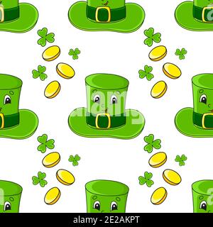 Motif coloré sans couture. Chapeau Leprechaun. Saint-Patrick. Style de dessin animé. Dessiné à la main. Illustration vectorielle isolée sur fond blanc. Illustration de Vecteur