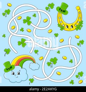 Un labyrinthe amusant pour les enfants. Arc-en-ciel, fer à cheval. Saint-Patrick. Puzzle pour les enfants. Personnage de dessin animé. Tambour de labyrinthe. Illustration à vecteur de couleur. Fi Illustration de Vecteur