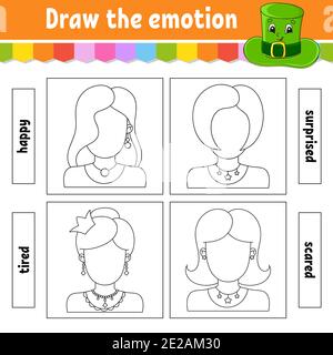 Dessinez l'émotion. Fiche de travail remplir le visage. Livre de coloriage pour enfants. Caractère joyeux. Illustration vectorielle. Silhouette de contour noire. Isolé sur Illustration de Vecteur