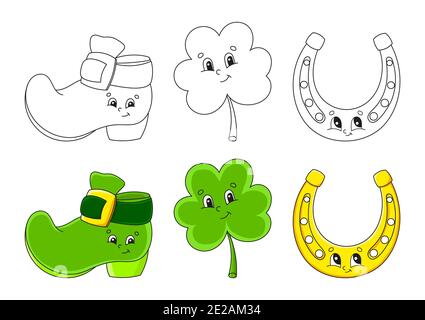 Définir la page de coloriage pour les enfants. Saint-Patrick. Chaussure Leprechun. Trèfle shamrock. Fer à cheval doré. Personnages de dessin animé mignons. Trait noir. Vecteur illus Illustration de Vecteur