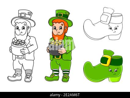 Définir la page de coloriage pour les enfants. Saint-Patrick. Leprechaun avec un pot d'or, botte. Personnages de dessin animé mignons. Trait noir. Illustration vectorielle. Avec s Illustration de Vecteur