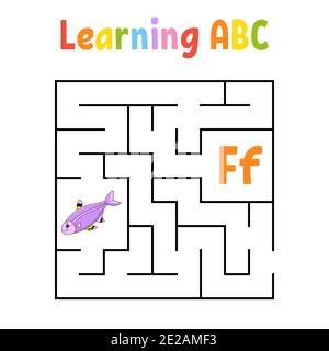 Labyrinthe carré. Jeu pour enfants. Poisson. Labyrinthe quadratique. Feuille de travail sur la formation. Page activité. Apprendre l'alphabet anglais. Style de dessin animé. Trouvez la bonne façon Illustration de Vecteur