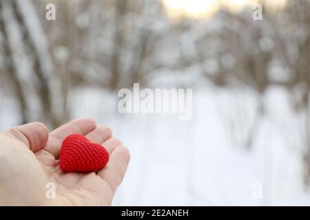 Coeur tricoté rouge dans la paume de la main mâle contre la forêt d'hiver. Concept d'amour romantique, Saint-Valentin ou charité Banque D'Images