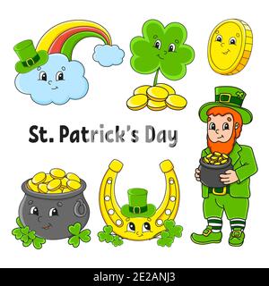 Ensemble d'autocollants de couleur pour enfants. Leprechaun avec un pot d'or, pièce d'or, trèfle, fer à cheval doré, arc-en-ciel magique. Saint-Patrick. Caractères de dessin animé Illustration de Vecteur