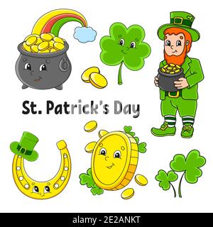 Ensemble d'autocollants de couleur pour enfants. Leprechaun avec un pot d'or, pièce d'or, trèfle, arc-en-ciel magique, fer à cheval. Saint-Patrick. Personnages de dessin animé. Bla Illustration de Vecteur