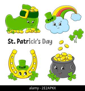 Ensemble d'autocollants de couleur pour enfants. Chaussure Leprechaun, pot d'or, pièce d'or, trèfle, arc-en-ciel magique, fer à cheval. Saint-Patrick. Personnages de dessin animé. BLAC Illustration de Vecteur