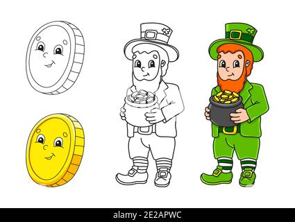 Définir la page de coloriage pour les enfants. Saint-Patrick. Pièce d'or. Leprechaun avec un pot d'or. Personnages de dessin animé mignons. Trait noir. Illustration vectorielle. W Illustration de Vecteur