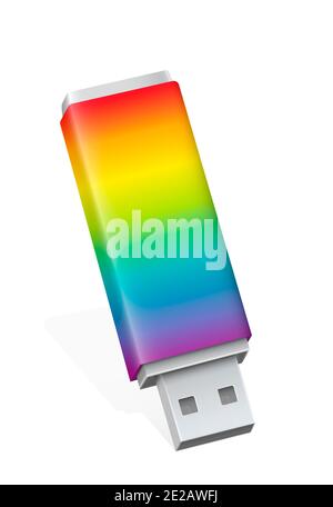 Clé USB multicolore, simple clé USB colorée amusante - illustration sur fond blanc. Banque D'Images