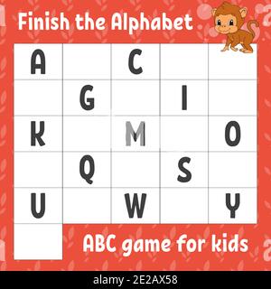 Terminez l'alphabet. Jeu ABC pour enfants. Feuille de travail de développement de l'éducation. Singe brun. Jeu d'apprentissage pour les enfants. Page d'activité couleur. Illustration de Vecteur