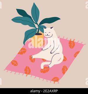 Illustration vectorielle chat blanc assis sur le tapis près d'un pot de fleurs. Illustration de Vecteur