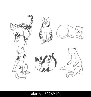 Vecteur linéaire illustration ensemble de catsn adorables dans différentes poses dormir, s'étirer, jouer. Les chats se reproduisent. Illustration de Vecteur