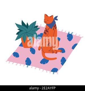 Illustration vectorielle chat repéré assis sur le tapis près d'un pot de fleurs. Illustration de Vecteur