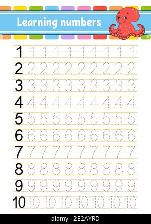 Suivi et écriture. Pratique de l'écriture manuscrite. Numéros d'apprentissage pour les enfants. Feuille de travail de développement de l'éducation. Page activité. Jeu pour les tout-petits et les enfants d'âge préscolaire. I Illustration de Vecteur