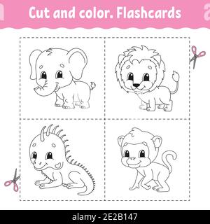 Couper et colorer. Ensemble de cartes mémoire. lion, singe, iguana, éléphant. Livre de coloriage pour enfants. Personnage de dessin animé. Animal mignon. Illustration de Vecteur