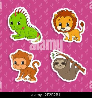 Jeu d'autocollants de couleur vive. Lion d'orange. Singe brun. Iguana vert. Soth brun. Personnages de dessin animé mignons. Illustration vectorielle isolée sur bac couleur Illustration de Vecteur