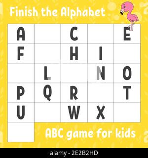 Terminez l'alphabet. Jeu ABC pour enfants. Feuille de travail de développement de l'éducation. Rose flamant. Jeu d'apprentissage pour les enfants. Page d'activité couleur. Illustration de Vecteur