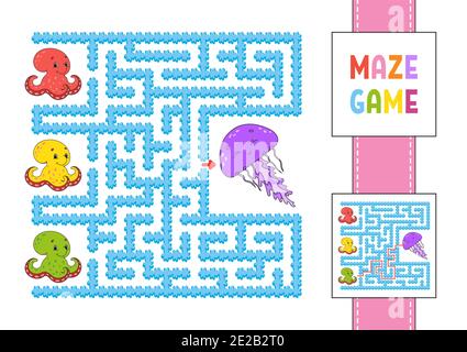 Labyrinthe carré drôle. Jeu pour enfants. Puzzle pour les enfants. Labyrinthe de conundrum avec caractère. Poulpe et méduses. Illustration à vecteur de couleur. Trouver le Illustration de Vecteur