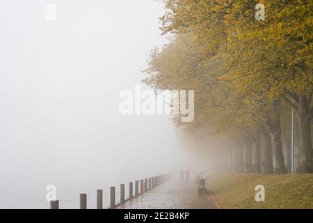 Matin brumeux sur le lac avec jetée en bois et marche personne Banque D'Images