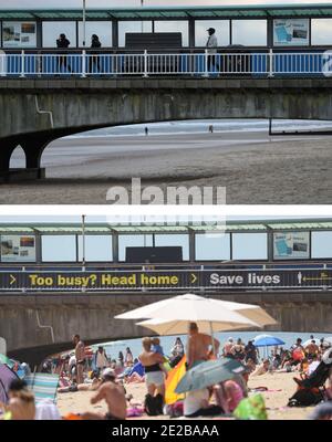 Photo composite (en haut - prise le mercredi 13 janvier 2021) montrant des personnes marchant le long de la jetée de Bournemouth, Dorset, avec une plage presque vide au-delà et (en bas) la même vue datée du 23/6/2020 d'un signe social de distanciation et d'une plage surpeuplée que la Grande-Bretagne se vantait pour une vague de chaleur de juin. Banque D'Images