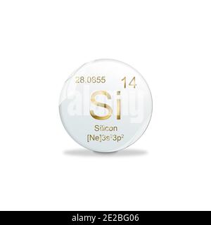Symbole silicium - si. Élément de la table périodique sur boule blanche avec des signes dorés. Arrière-plan blanc Banque D'Images