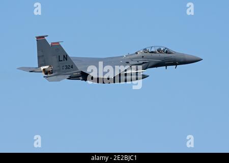 McDonnell Douglas F-15E Strike Eagle de la 48e Escadre de chasseurs, 494e Escadron de chasseurs, USAFE, basée et vue à la RAF Lakenheath, en Angleterre. Banque D'Images