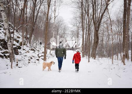 Homme, garçon et chien marchant sur un chemin enneigé vers une cabane en bois. Banque D'Images