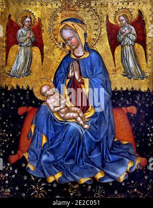 La Vierge adorant le bébé Christ avec deux Anges 1430 Maître du triptyque d'Imola - Maître du triptyque d'Imola du XVe siècle actif en Emilia, Italie, Italien, Banque D'Images