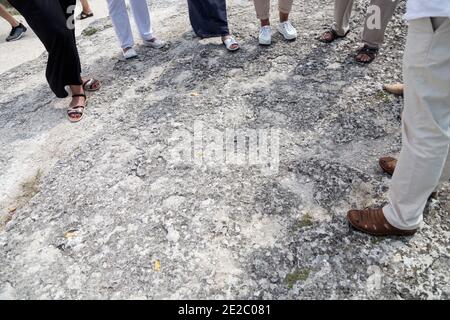 Image des jambes de personnes debout dans un demi-cercle sur sol pierreux. Arrière-plan gris. Banque D'Images