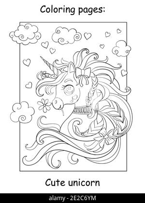 Joli portrait romantique de licorne avec des coeurs dans le ciel nuageux. Page de livre de coloriage. Illustration de dessin animé vectoriel isolée sur fond blanc. Pour colori Illustration de Vecteur