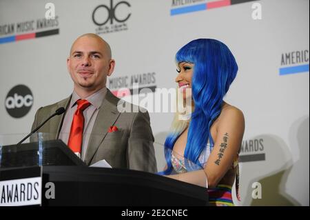 Pitbull et Nicki Minaj lors de l'annonce des nominés des American Music Awards 2011, tenue au JW Marriott Los Angeles à L.A. Vivre à Los Angeles, CA, Etats-Unis le 11 octobre 2011. Photo par Graylock/ABACAPRESS.COM Banque D'Images