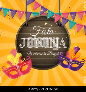 Festa Junina fond avec drapeaux de fête. Festival du Brésil de juin fond pour carte de vœux, invitation en vacances. Illustration Banque D'Images