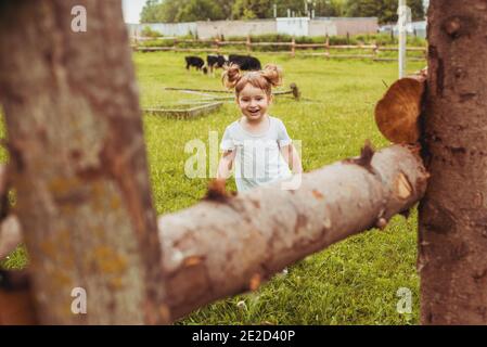 Enfants, filles se tenant à côté d'une clôture dans le village. Promenades à la campagne. Agriculture. Écologie et enfance heureuse, belle petite fille. Banque D'Images