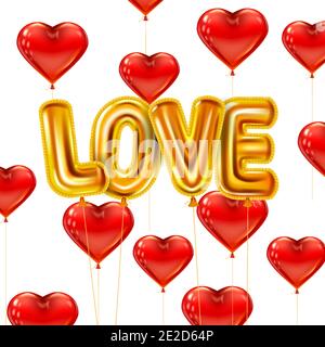 Amour or hélium métallique ballons brillants texte réaliste. Arrière-plan volant rouge coeur ballons forme, Happy Valentines Day, fête, décoration Illustration de Vecteur