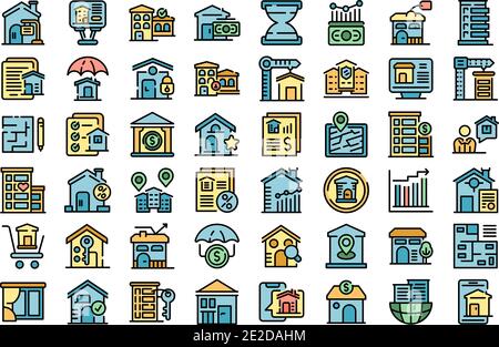Icônes d'investissement immobilier définies. Ensemble de contours d'investissements immobiliers icônes vectorielles ligne fine couleur plate sur blanc Illustration de Vecteur