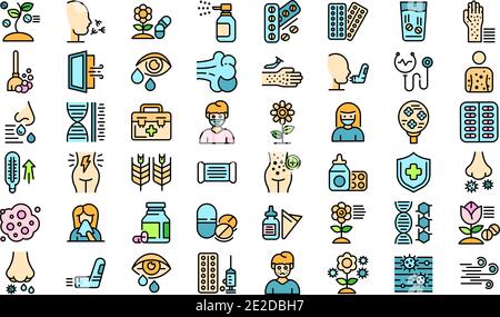 Jeu d'icônes d'allergies saisonnières. Ensemble de contours d'icônes saisonnières de vecteur d'allergie couleur fine ligne plate sur blanc Illustration de Vecteur