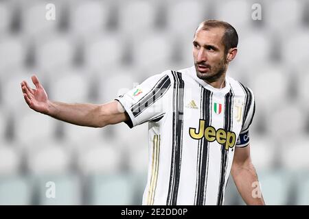 Turin, Italie. 13 janvier 2021. TURIN, ITALIE - 13 janvier 2021 : Giorgio Chiellini de Juventus FC gestes pendant le match de football de Coppa Italia entre Juventus FC et Genoa CFC. (Photo de Nicolò Campo/Sipa USA) crédit: SIPA USA/Alay Live News Banque D'Images