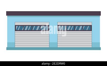 Bâtiment de service et de réparation de voitures avec deux garages gris fermés. Toit bleu d'atelier mécanique. Illustration vectorielle isolée sur blanc Illustration de Vecteur