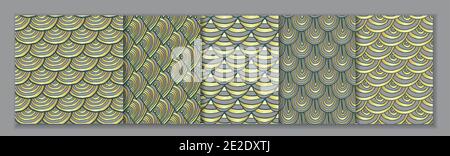 Ensemble de 5 motifs traditionnels sans couture avec écusson à vagues japonais, gris et or. Motifs géométriques de répétition de caniche minimale Illustration de Vecteur