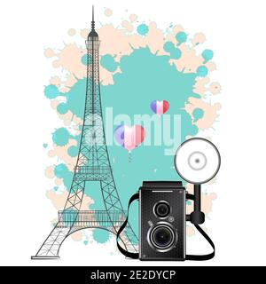 Tour Eiffel et appareil photo rétro. Illustration vectorielle. Appareil photo vintage réaliste. Illustration. Illustration de Vecteur