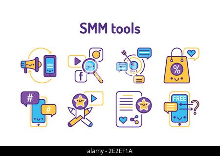 Concept de présentation du service de promotion SMM. Icônes de couleur de ligne publicitaire. Service de location. Pictogrammes pour la page Web, l'application mobile, la promotion. Illustration de Vecteur
