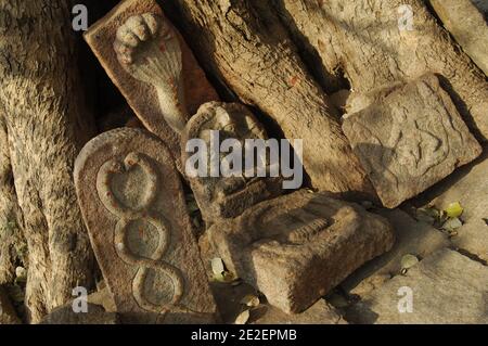 Sculptures, Hampi, Inde, mars 2008. Hampi est un village dans l'État de Karnataka en Inde. Il est situé à l'intérieur des murs de la ville en ruines de Vijayanagara, 500 monuments dispersés autour d'un immense chaos de granit. Sculptures, Hampi, Inde, mars 2008. Hampi est un village de l'Etat du Karnataka en Inde. Il est situé à l'intérieur de l'enceinte de la ville en ruine de Vijayanagara, 500 monuments disséminés dans un immense chaos grandiose. Photo de David Lefranc/ABACAPRESS.COM Banque D'Images