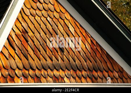 Motifs détaillés des bardeaux sur une maison à la Conner, WA Banque D'Images