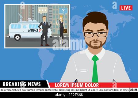 L'ancre de l'actualité masculine arabe sur tv Breaking News background, vecteur plat illustration Illustration de Vecteur