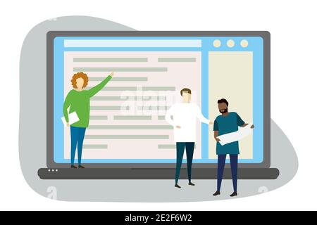 Nouveau projet d'entreprise, les gens discutent des workflows à proximité d'un grand ordinateur portable, les gens d'affaires à style simple et tendance, illustration vectorielle plate Illustration de Vecteur